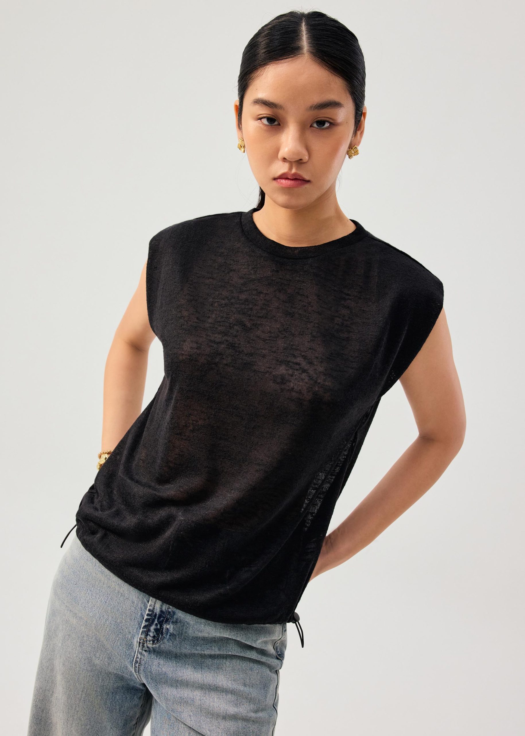 Relaxed Sheer Jersey Toggle Hem Round Neck Shell Top - Image 5