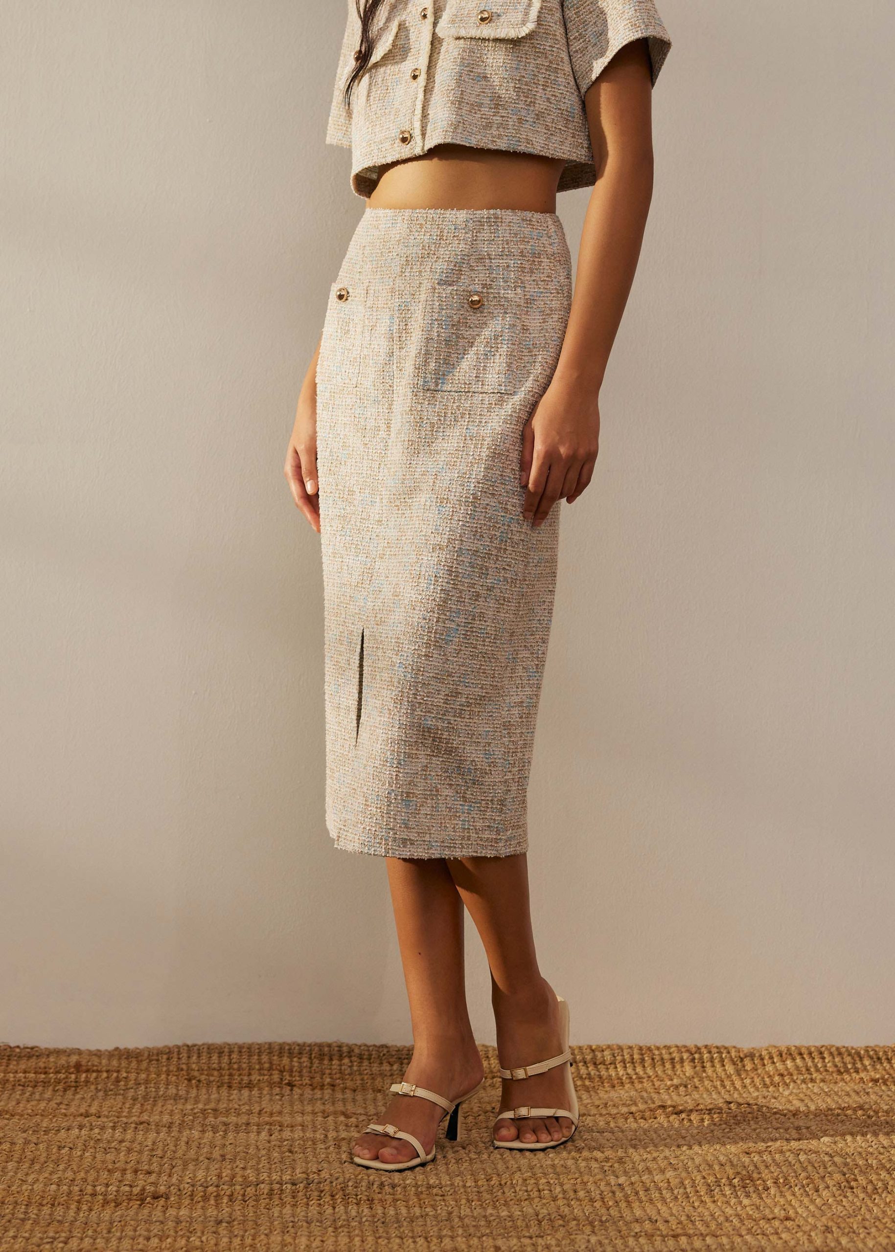 High Waist Tweed Column Midi Skirt - Image 7