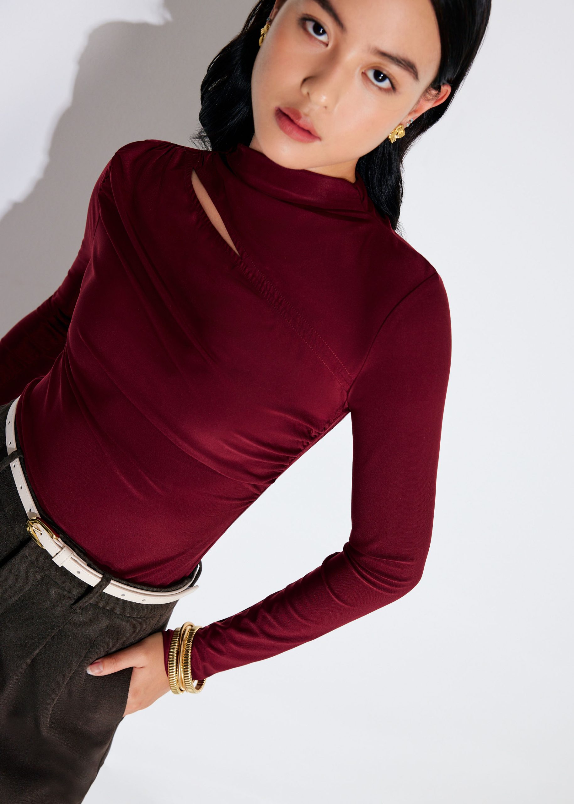 Jersey Asymmetric Cut Out Mock Neck Top - Image 10