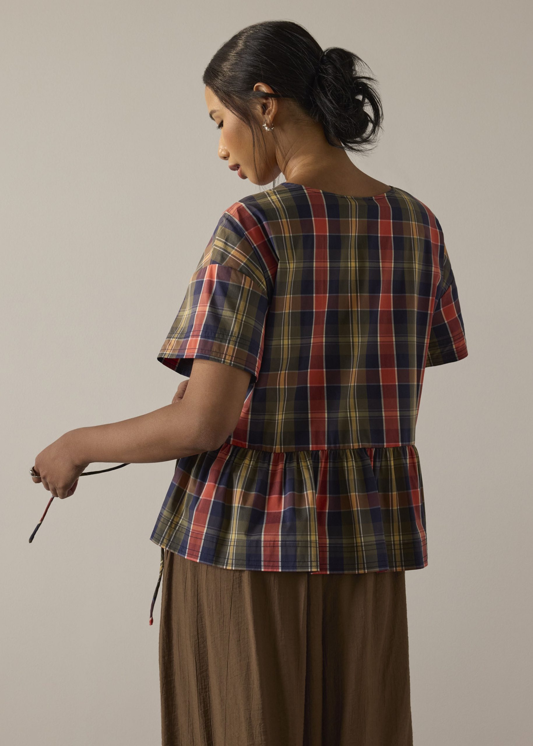 Checkered Cotton Peplum Top - Image 3