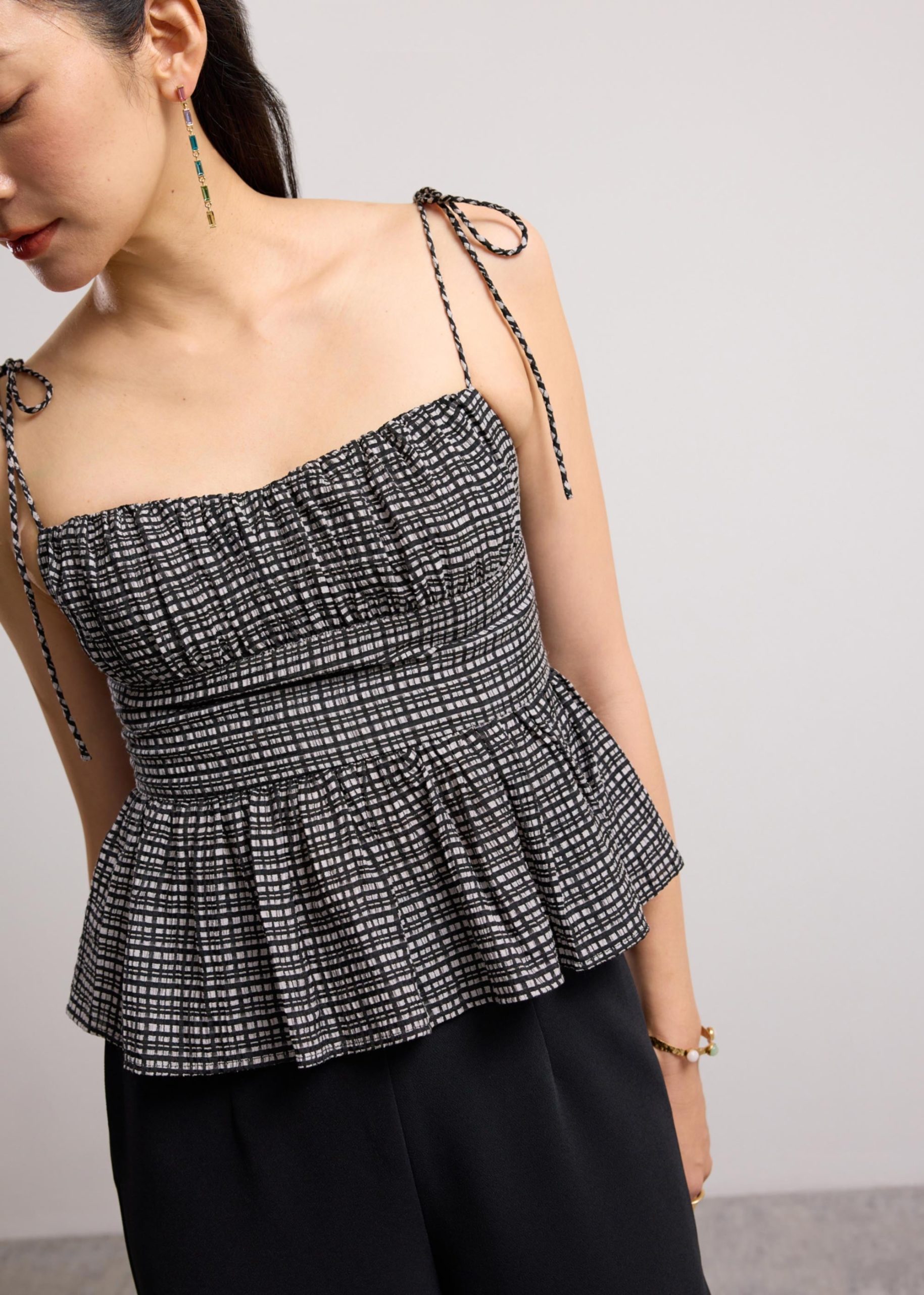 Crinkled Check Lyocell Sweetheart Camisole Peplum Top