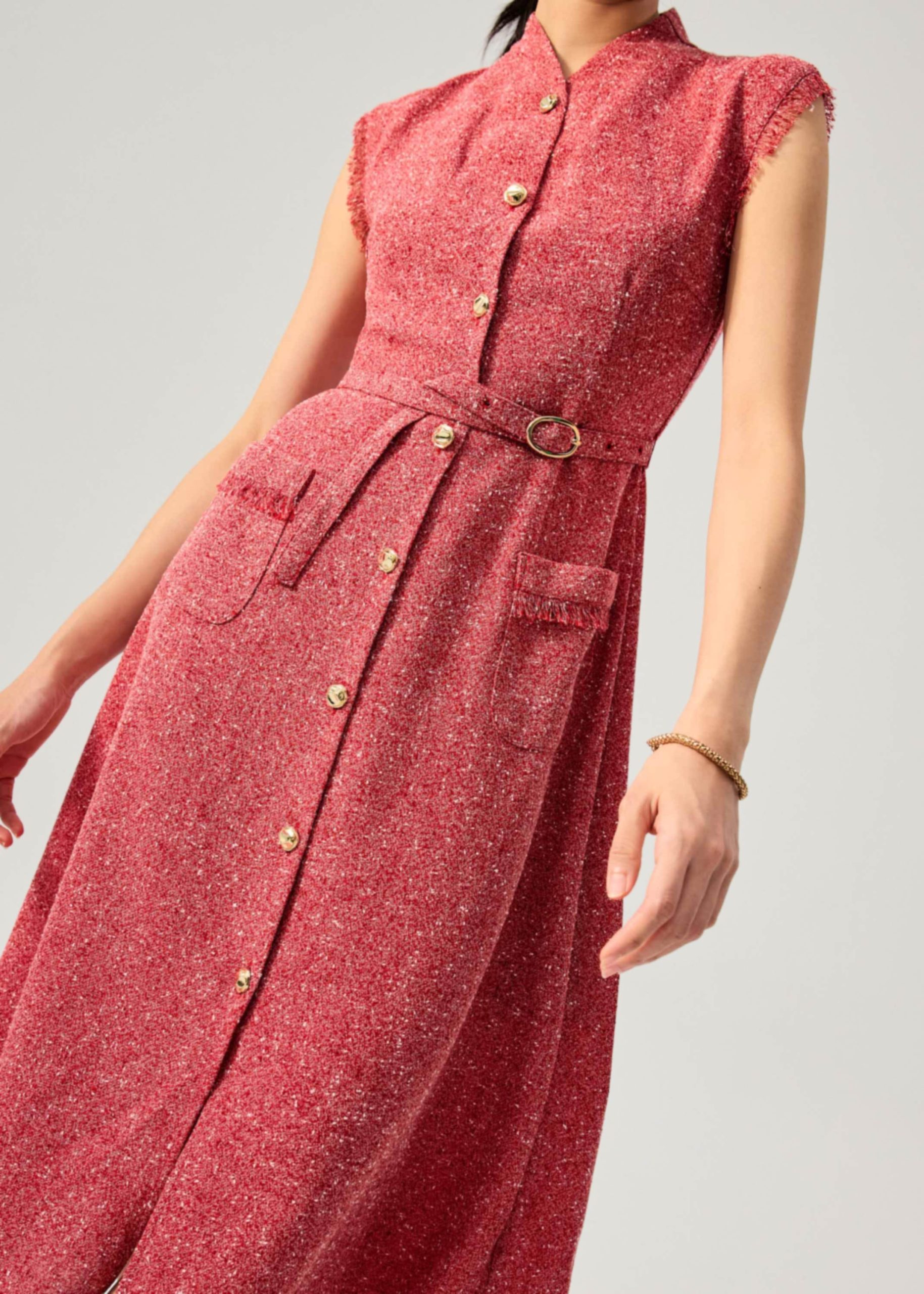 Fei Belted Tweed Mandarin Collar Fit & Flare Midaxi Dress - Image 6
