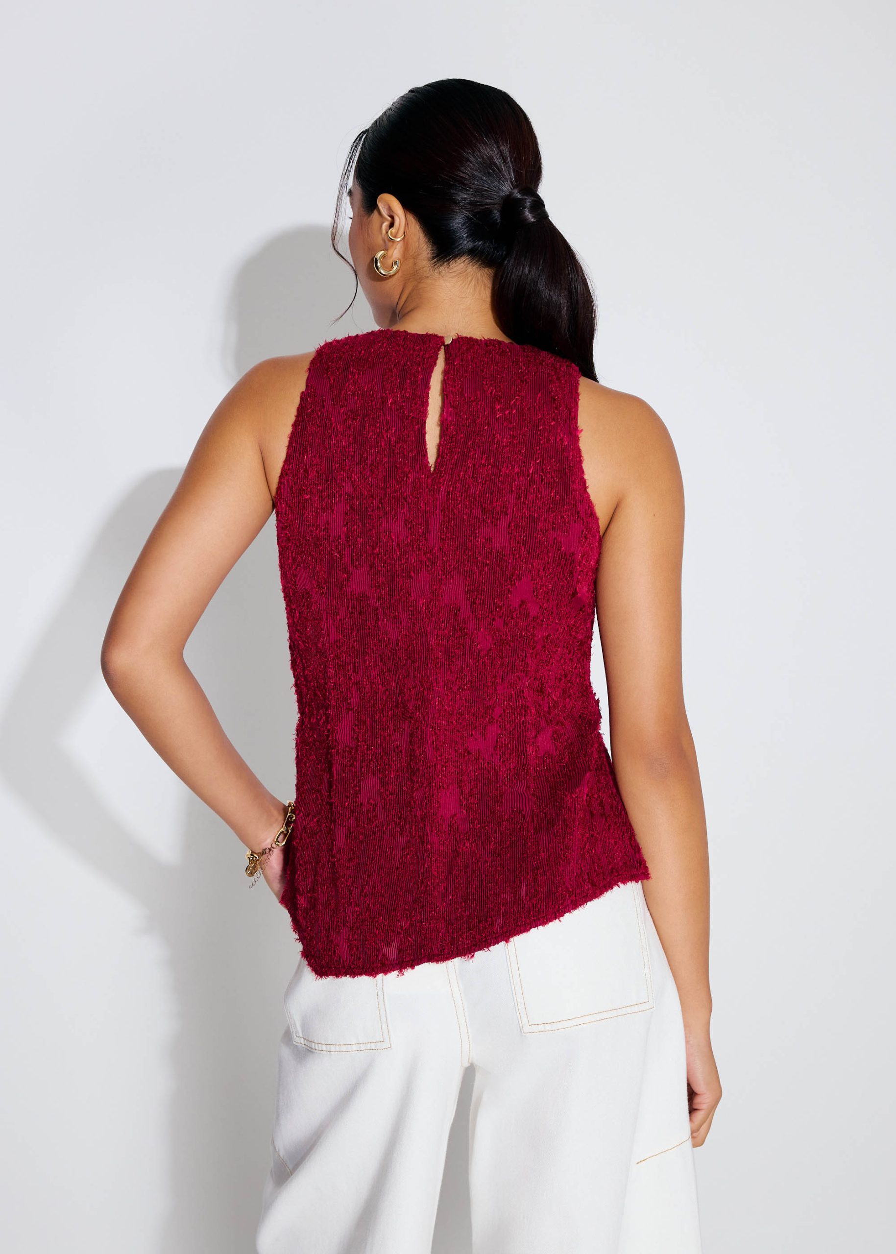 Faye Textured Asymmetric Hem Round Neck Top - Image 18