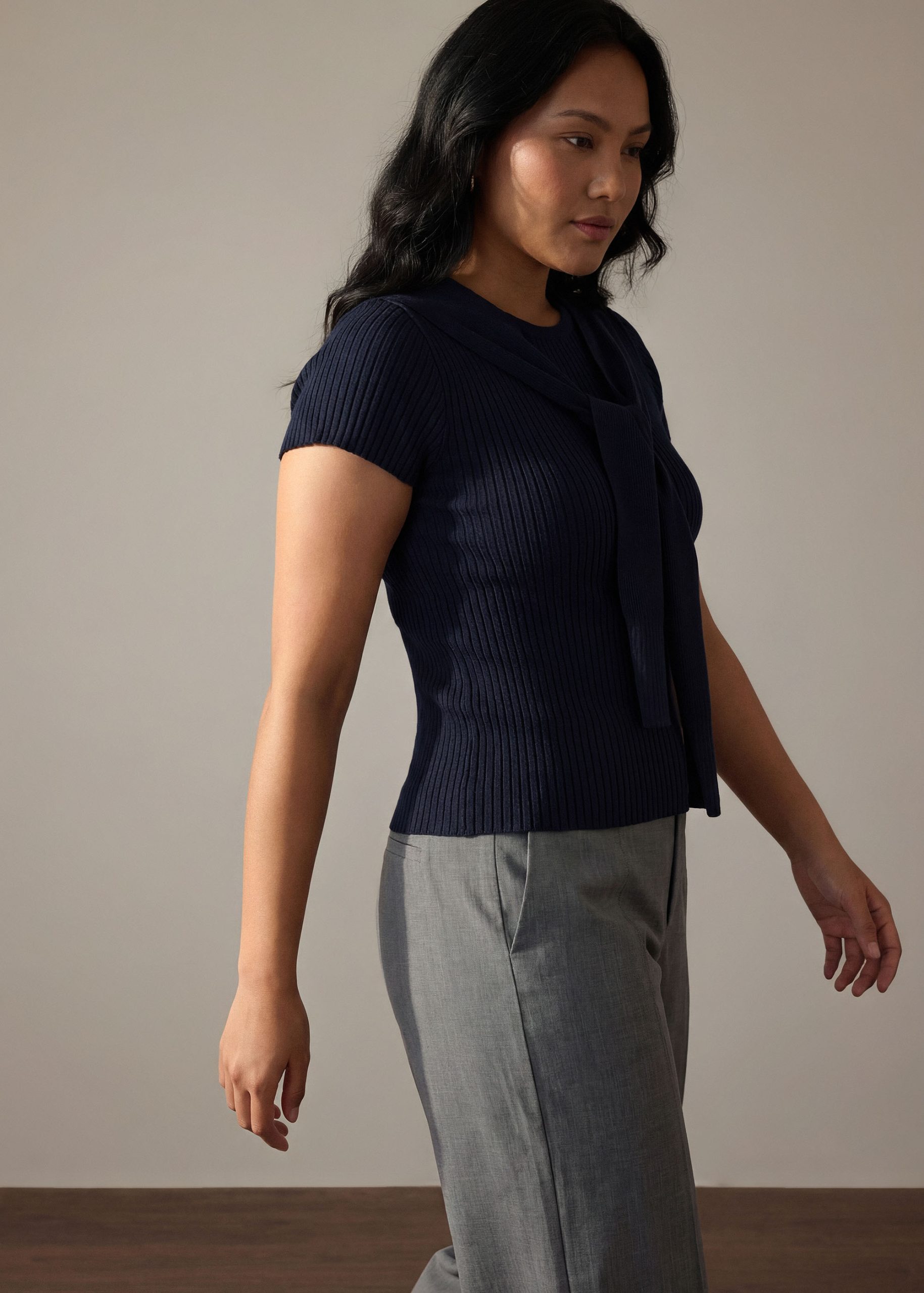 Knit Tie Collar Round Neck Top - Image 9