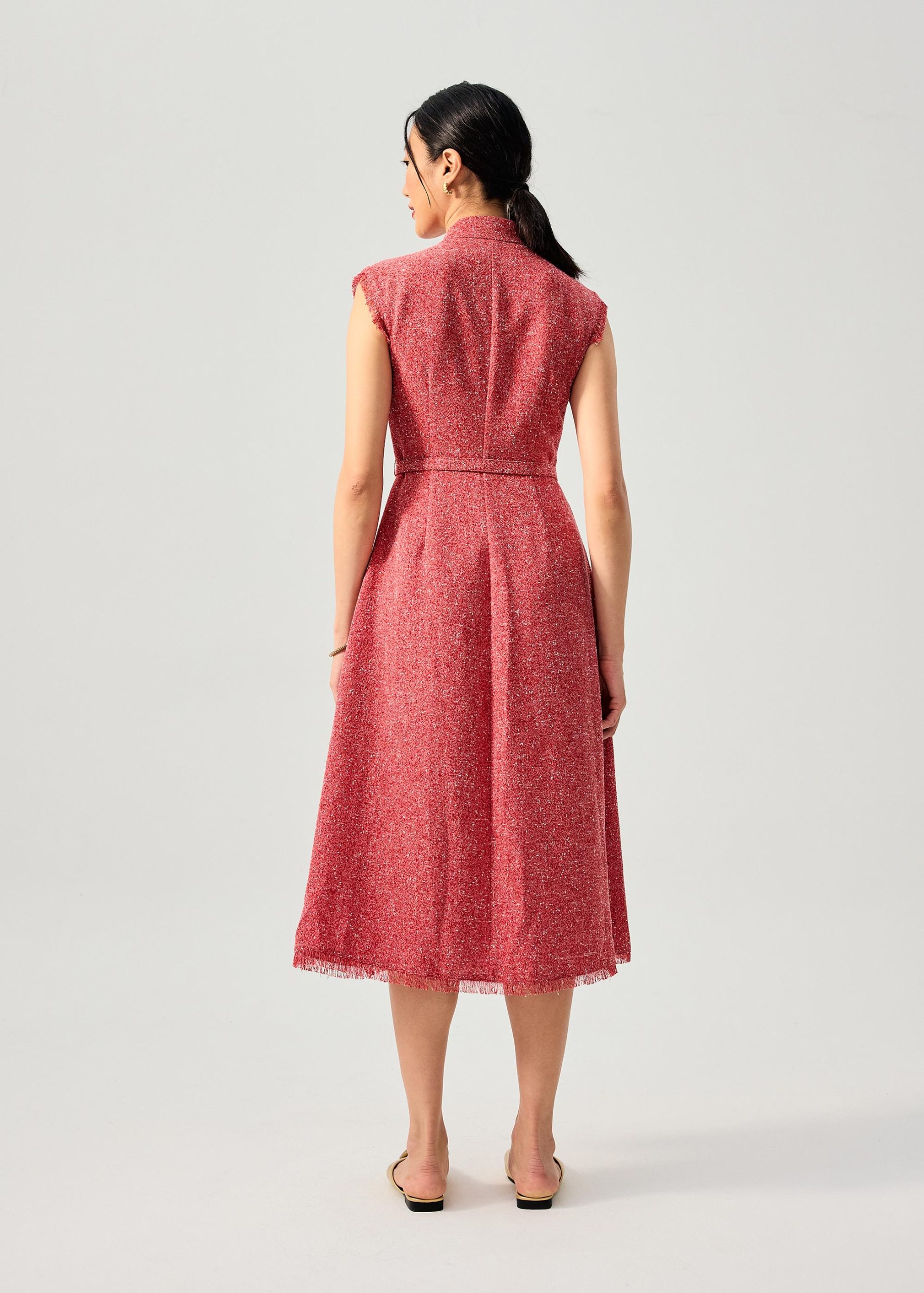 Fei Belted Tweed Mandarin Collar Fit & Flare Midaxi Dress - Image 7