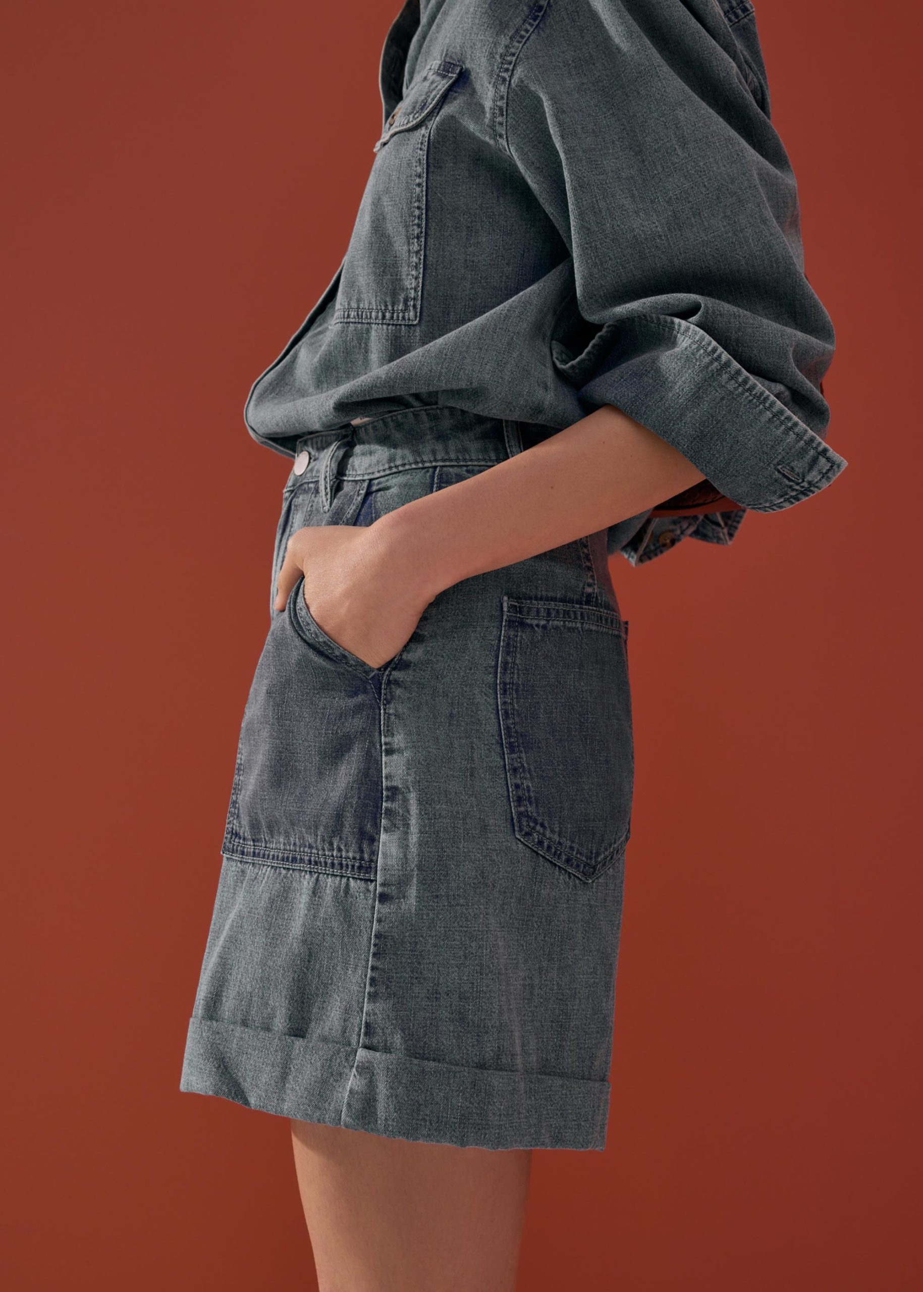 Denim High Waist A-line Cuffed Shorts - Image 11