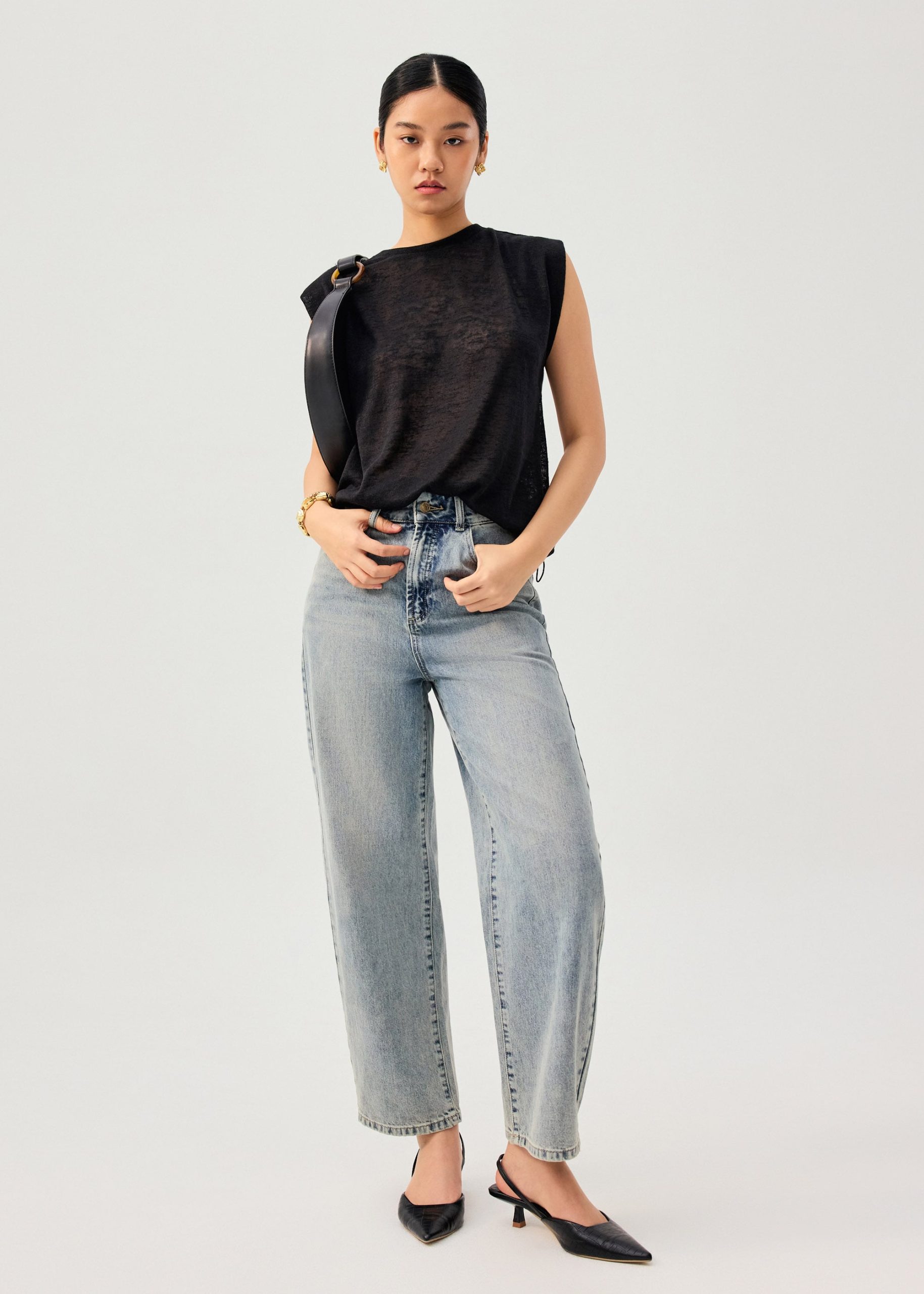 Relaxed Sheer Jersey Toggle Hem Round Neck Shell Top - Image 2