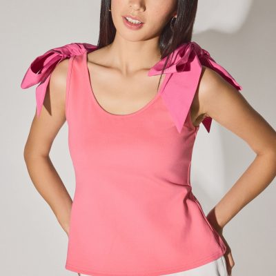 Ribbon Tie Scoop Neck Fitted Top