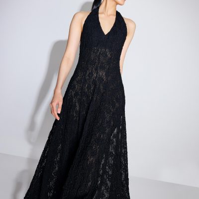 Crochet Halter Plunge Fit & Flare Midaxi Dress