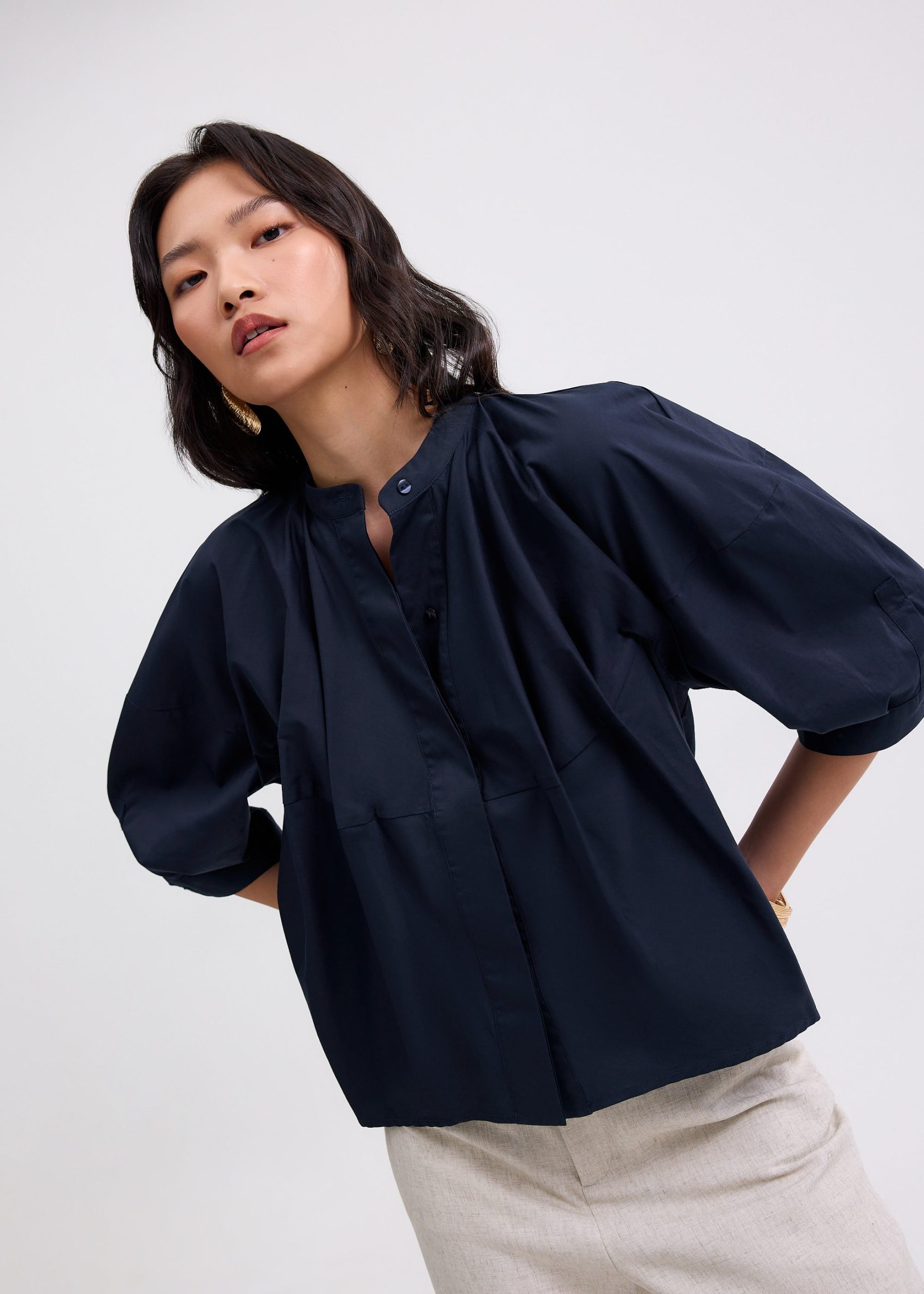 Meiying Relaxed Poplin Mandarin Collar Shirt