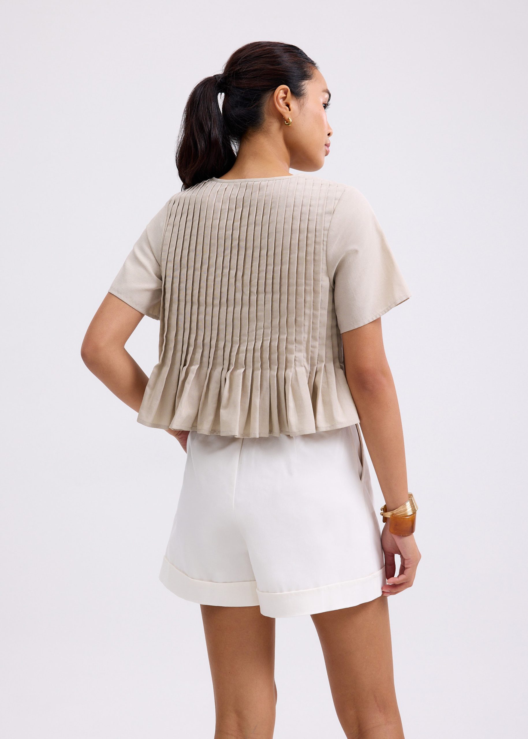Oxford Pintuck Notched Peplum Top - Image 6