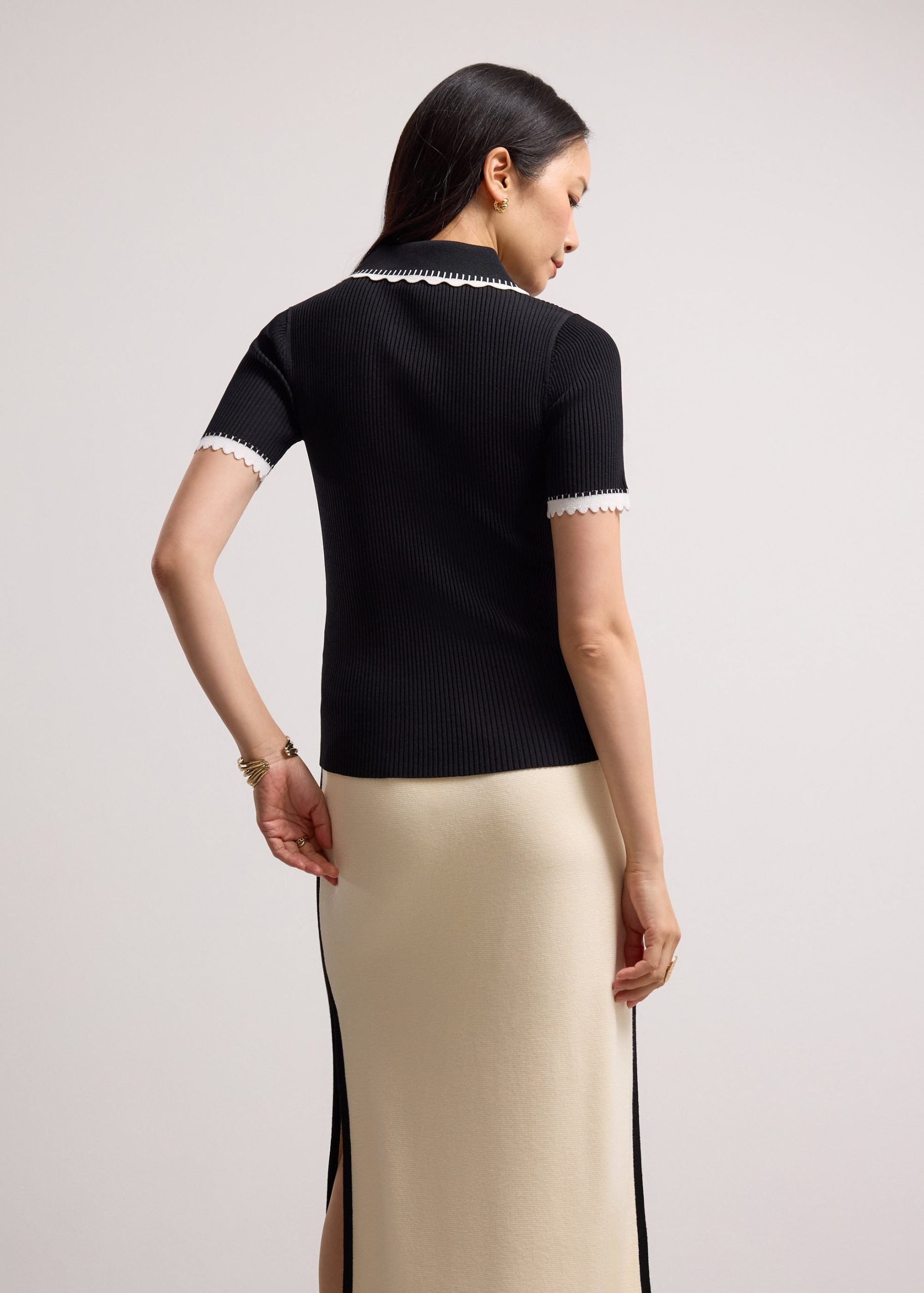 Contrast Trim Pointelle Knit Peter Pan Collar Top - Image 6