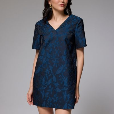 Brocade V-neck Shift Mini Dress