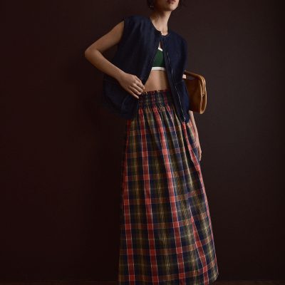 Checkered Cotton Flare Maxi Skirt