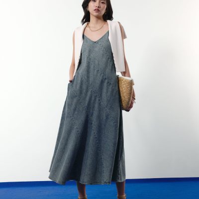 Acid Wash Denim V-neck A-line Midaxi Dress