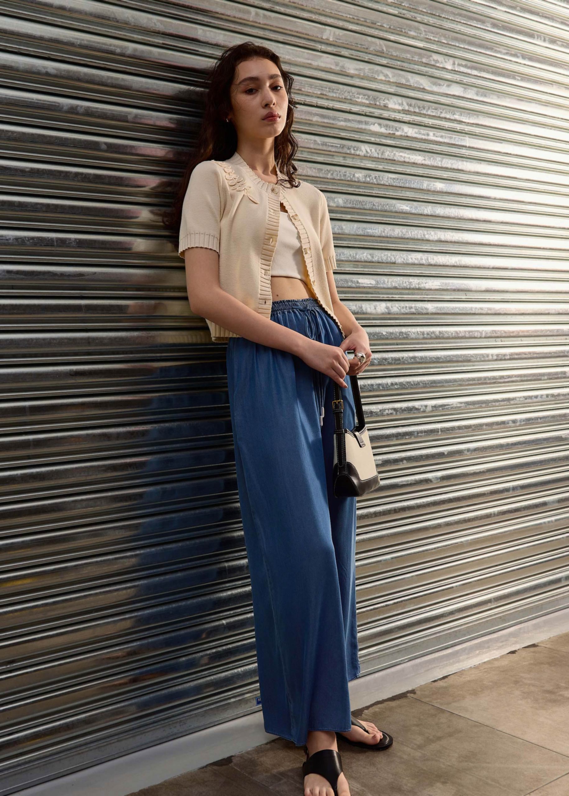 Elastic Chambray Wide Leg Pants - Image 13