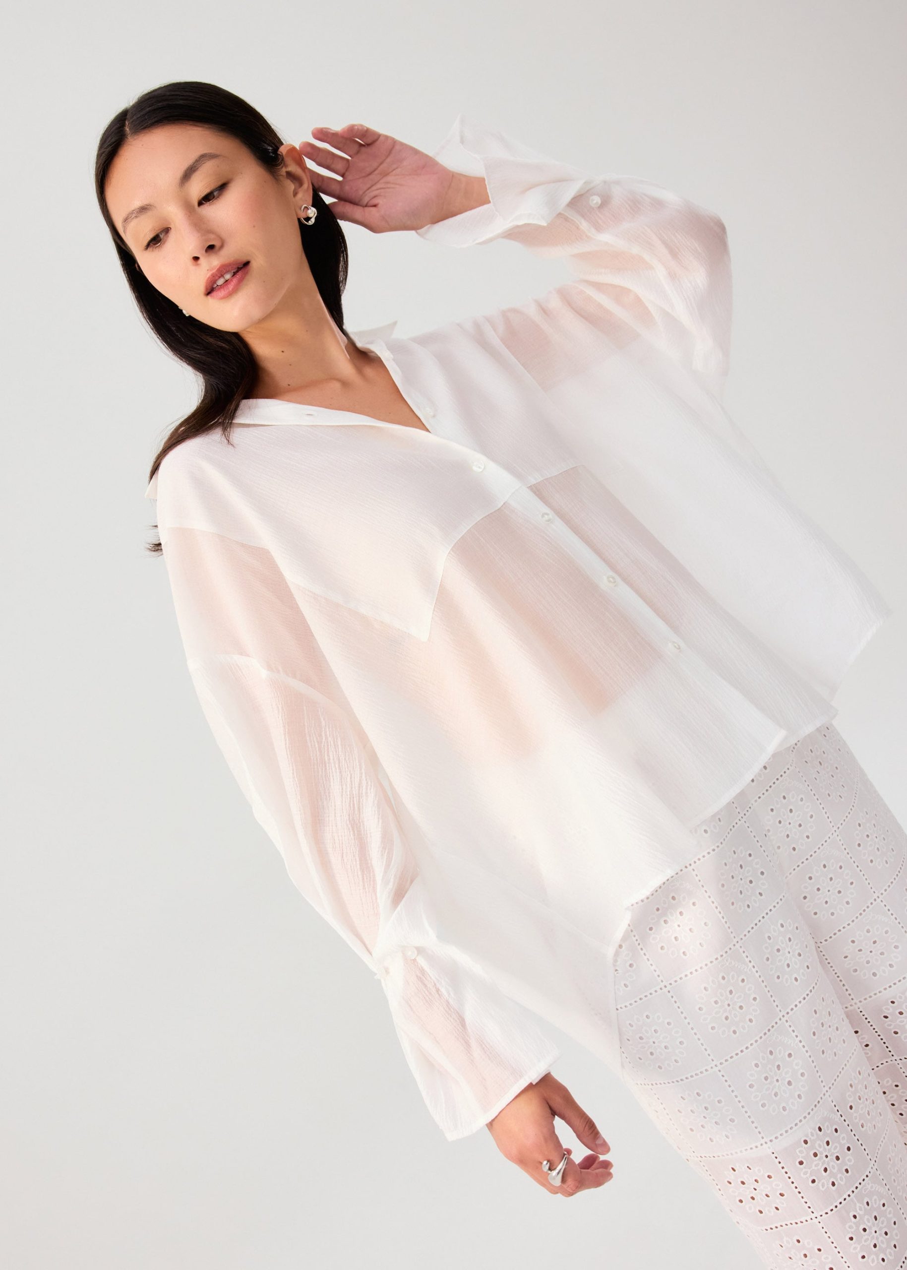 Oversized Sheer Lyocell Collared Poet Sleeve Blouse - Image 2
