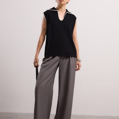 Relaxed Contrast Pointelle Collared Top