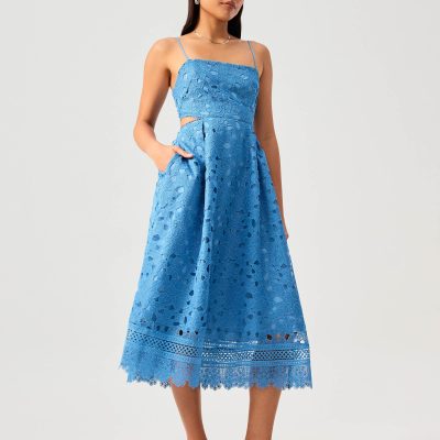 Lace Trim Cut Out Straight Neck Fit & Flare Midaxi Dress