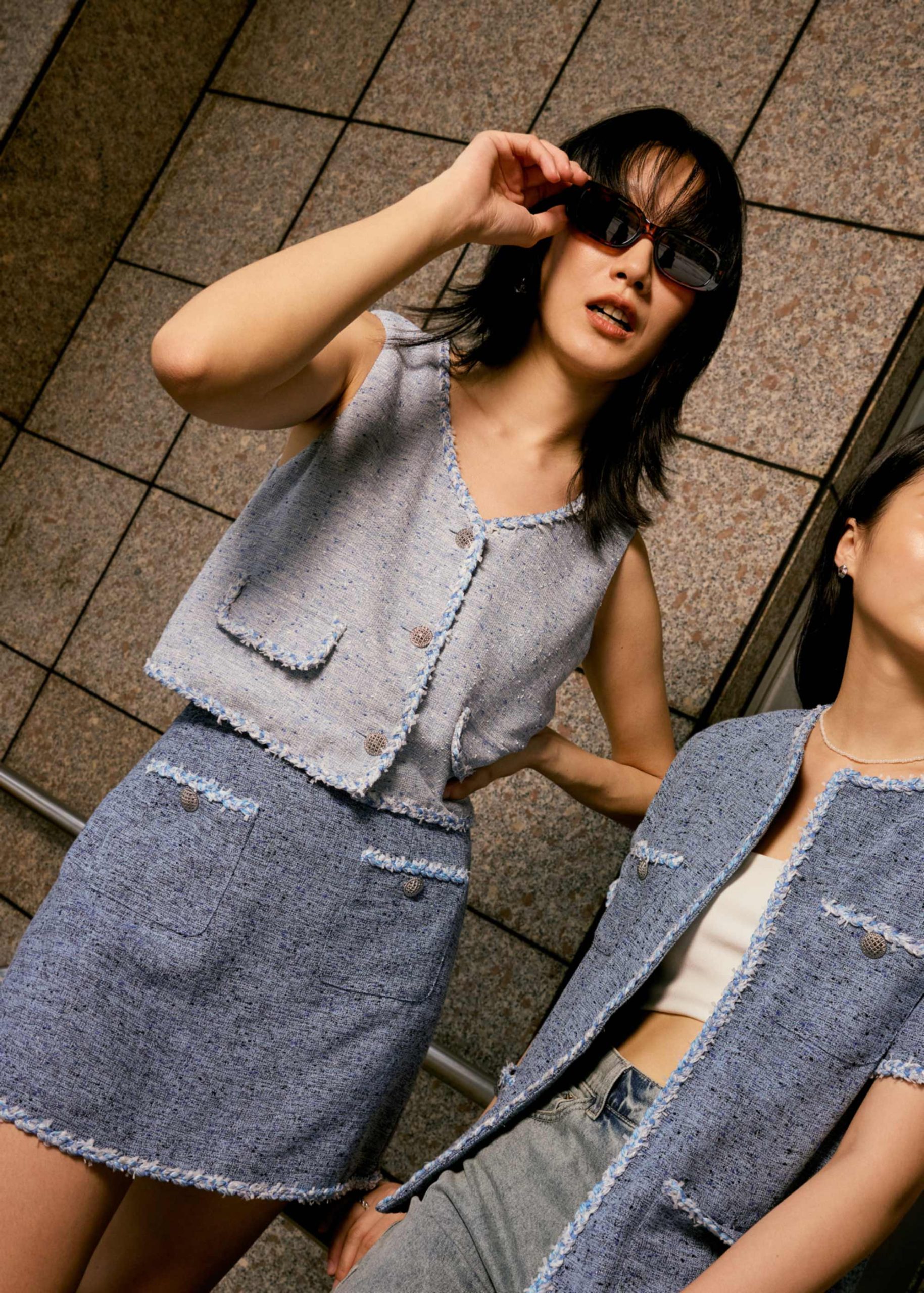Tweed V-Neck Boxy Crop Vest
