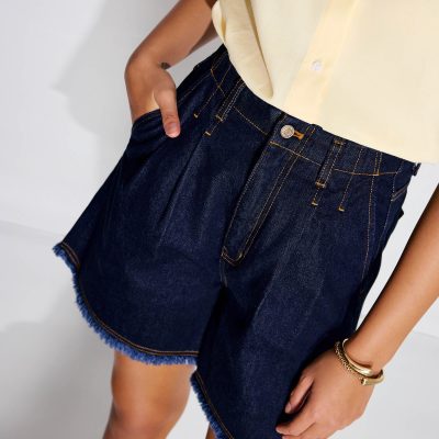 Denim Frayed Hem High Waist Bermuda Shorts