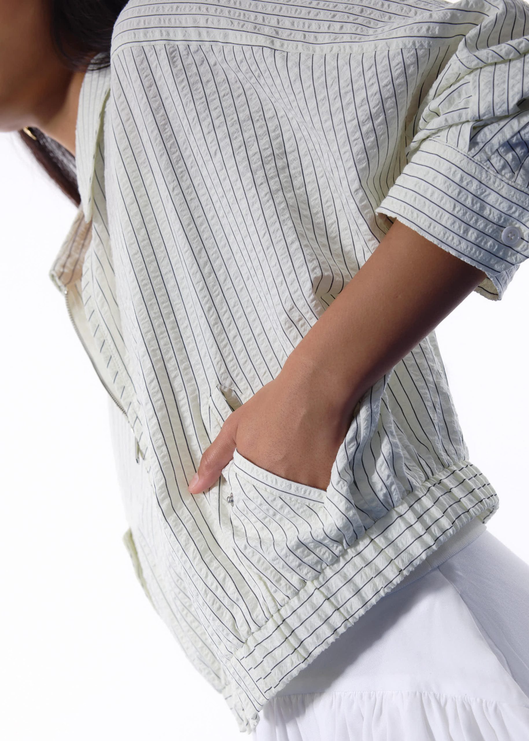 RuchedReady® Relaxed Pinstripe Seersucker Collared Crop Jacket - Image 5