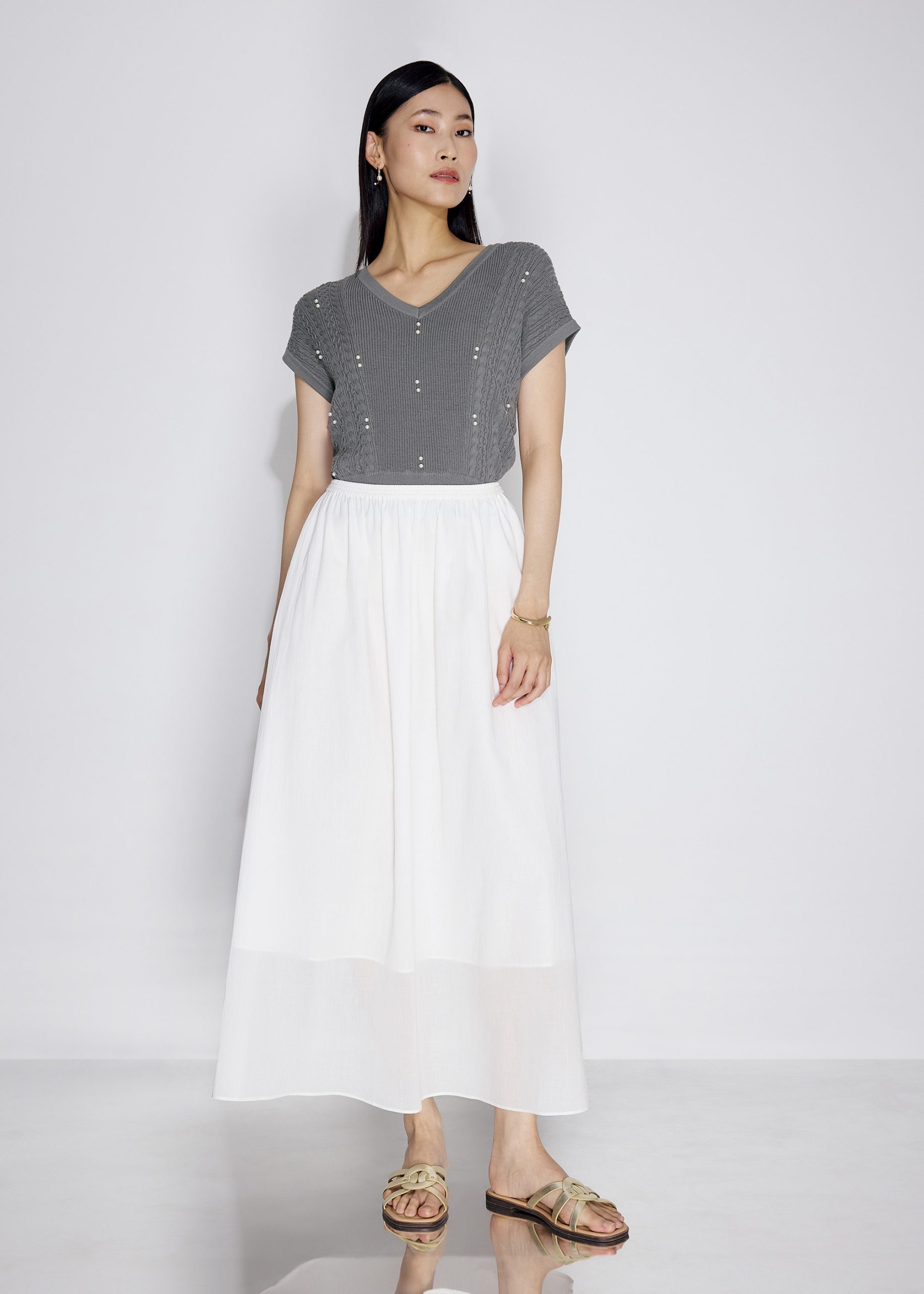 Elastic Cotton High Waist Flare Maxi Skirt - Image 7