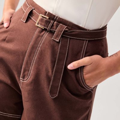 Belted Contrast Stitch High Waist Shorts