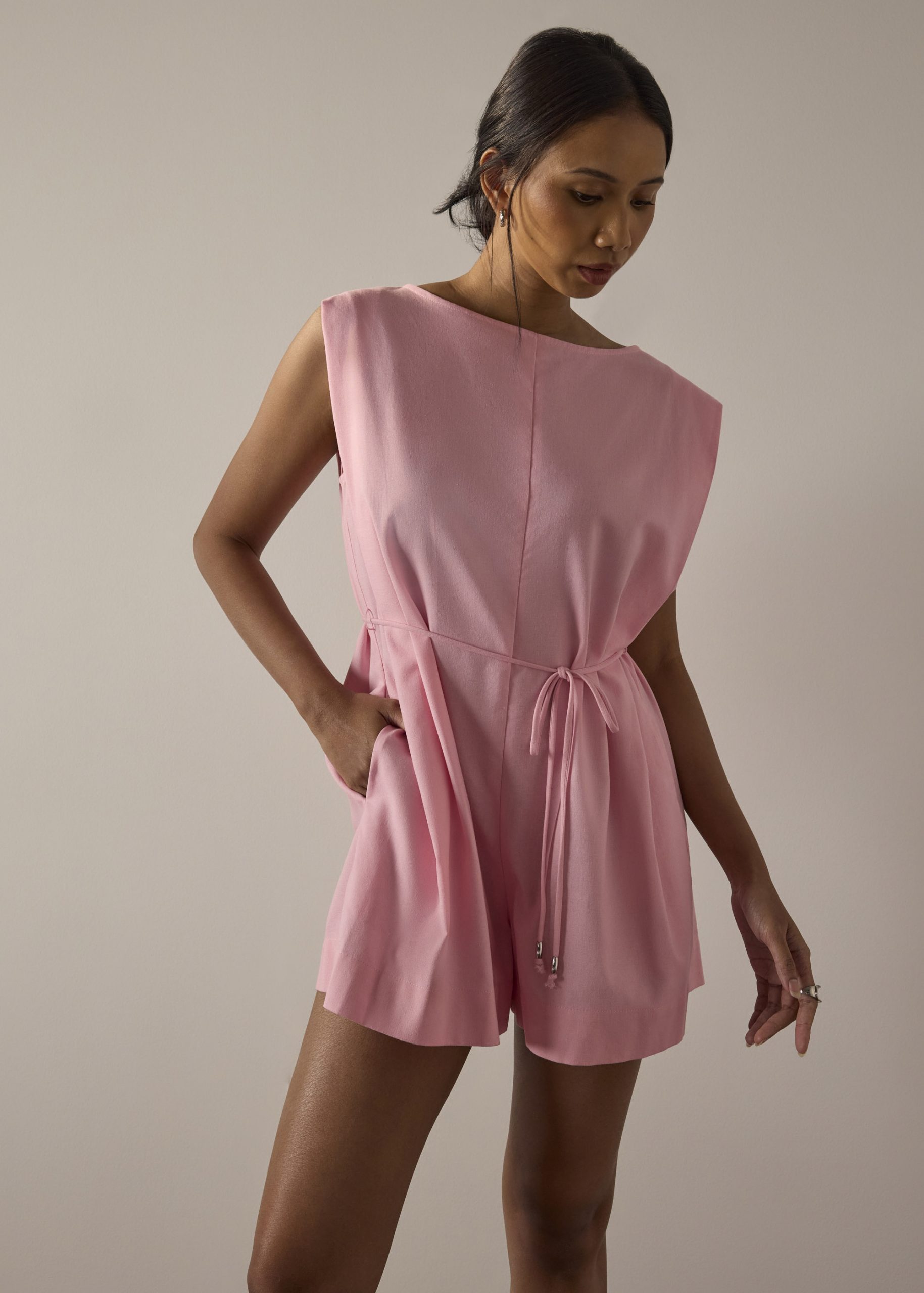 Linen A-Line Romper With Belt - Image 7