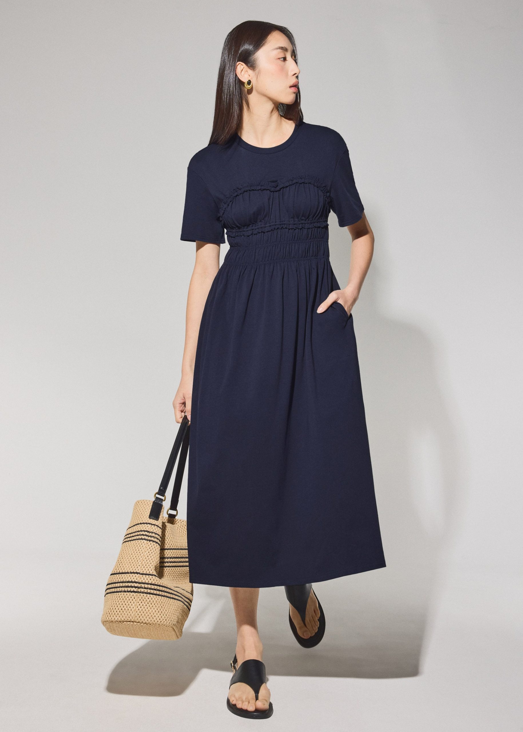 Jersey Ruched Bodice Round Neck Midi Dress - Image 6