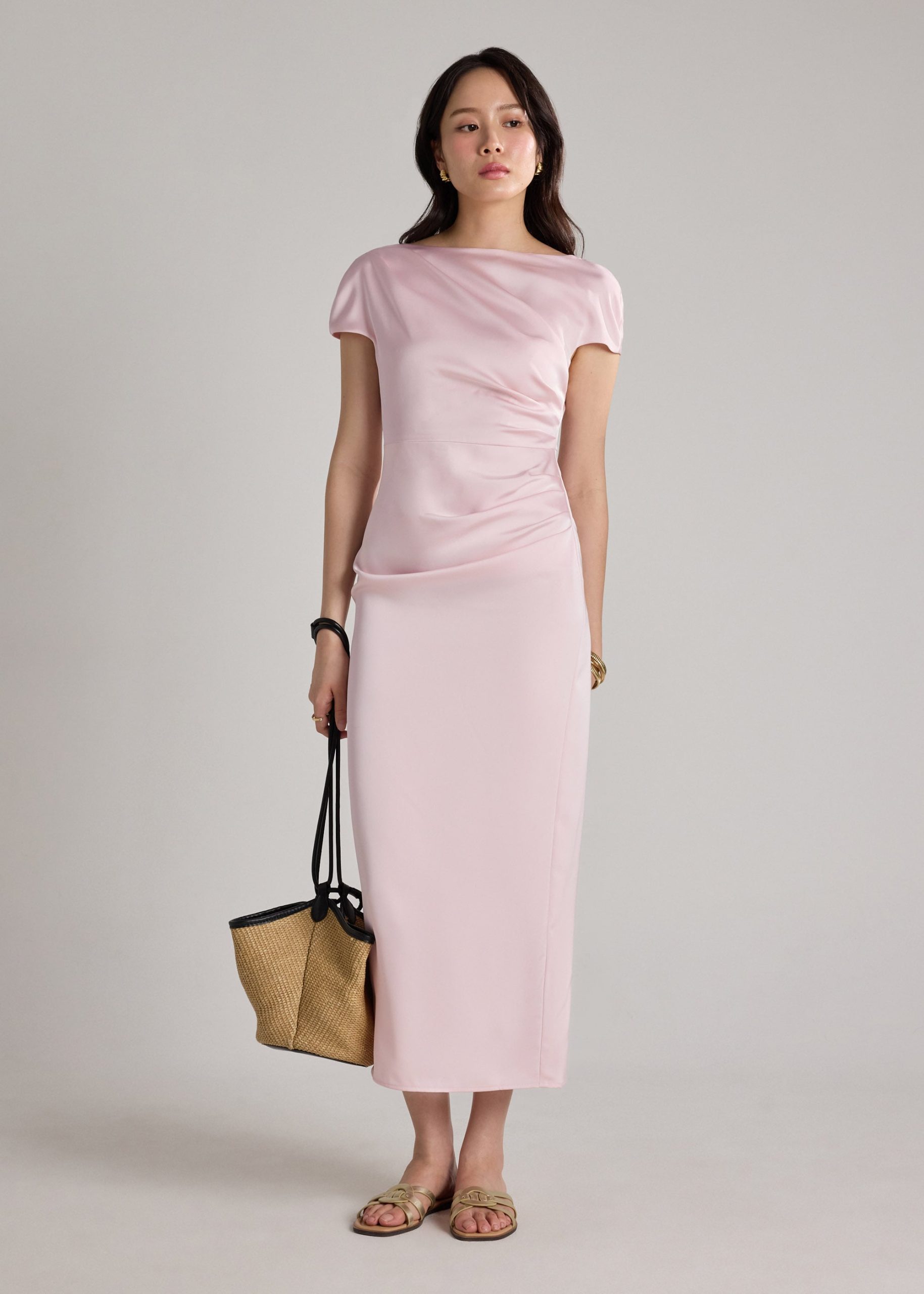 Satin Drape Boat Neck Dress - Image 12