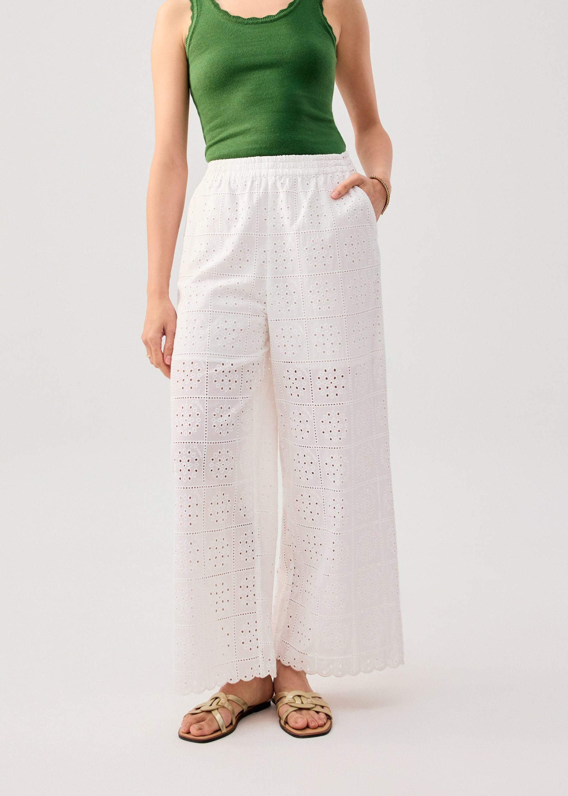 Elastic Cotton Broderie Mid Waist Straight Leg Pants - Image 7
