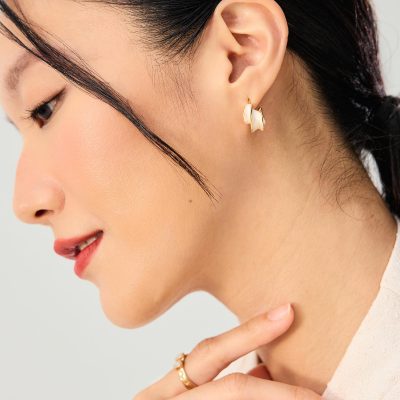 14K Gold Plated White Enamel Swirl Hoop Earrings