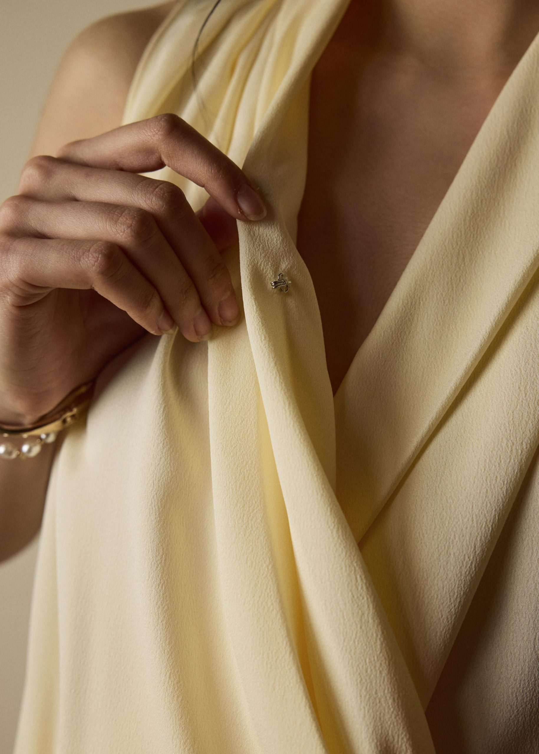 Krystal Crepe Satin Draped V-neck Top - Image 16