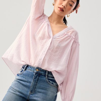 Relaxed Ruffle Trim Lyocell V-neck Long Blouse