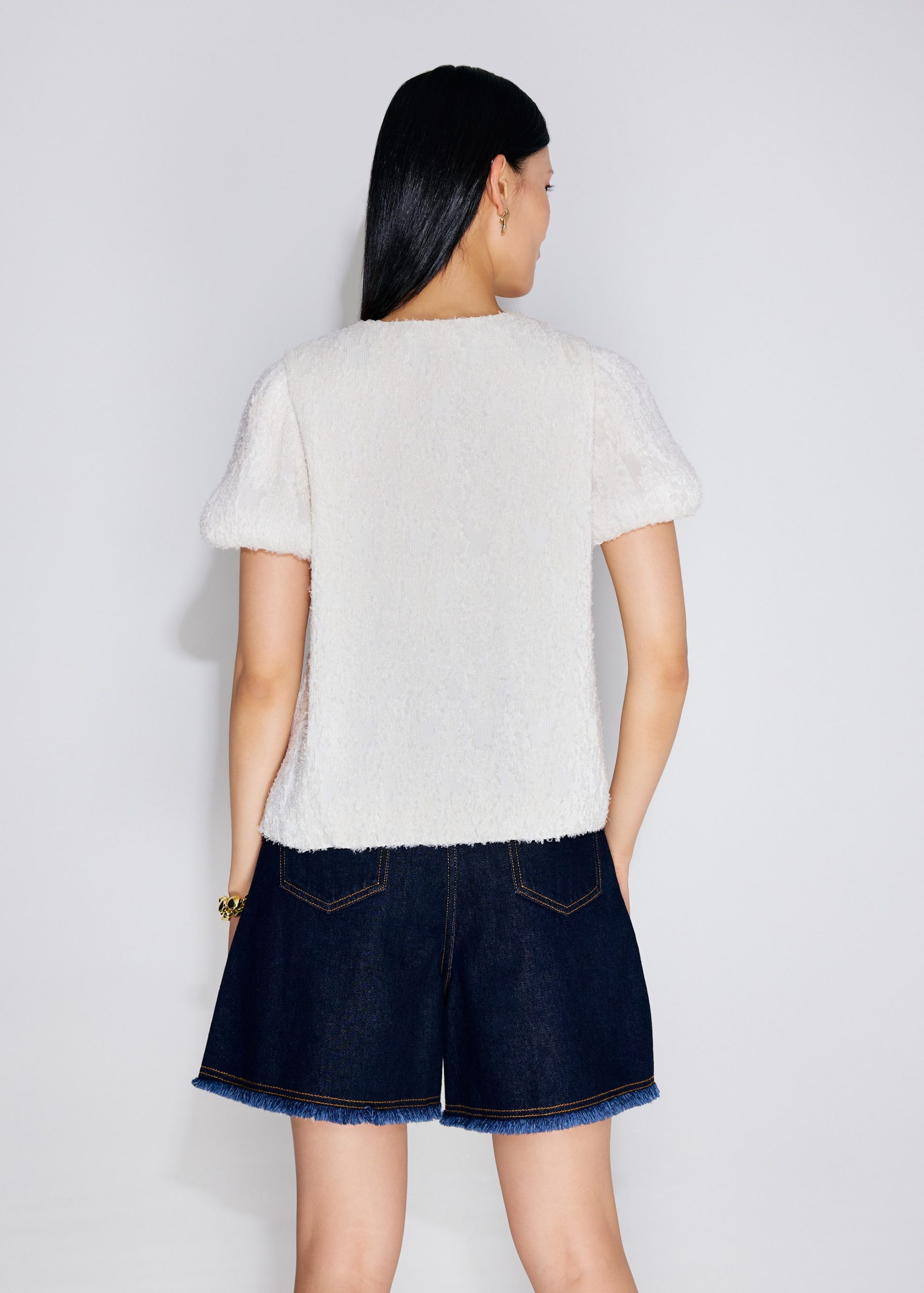 Textured Plisse Front Tie Puff Sleeve Shell Top - Image 13