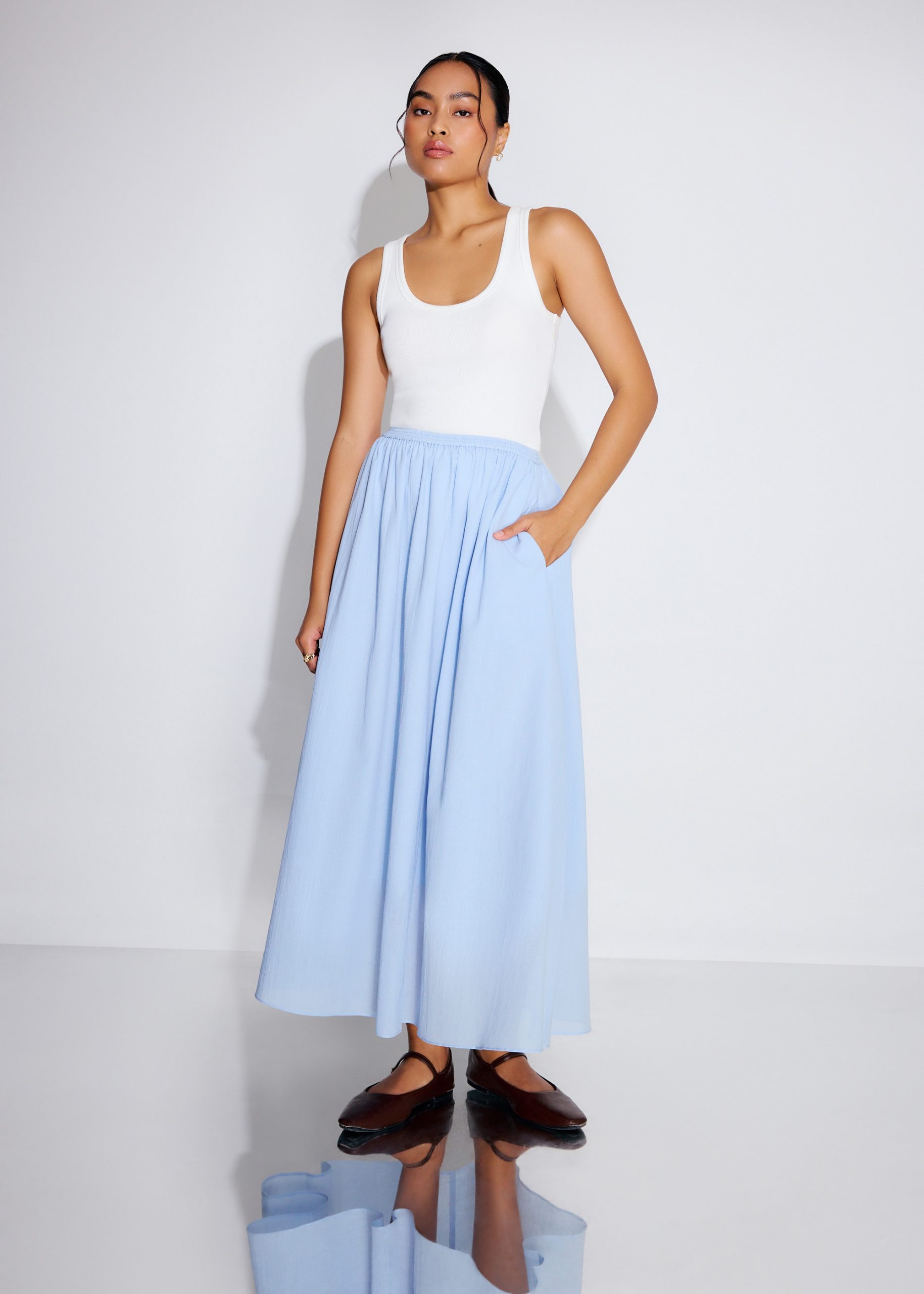 Elastic Cotton High Waist Flare Maxi Skirt - Image 8