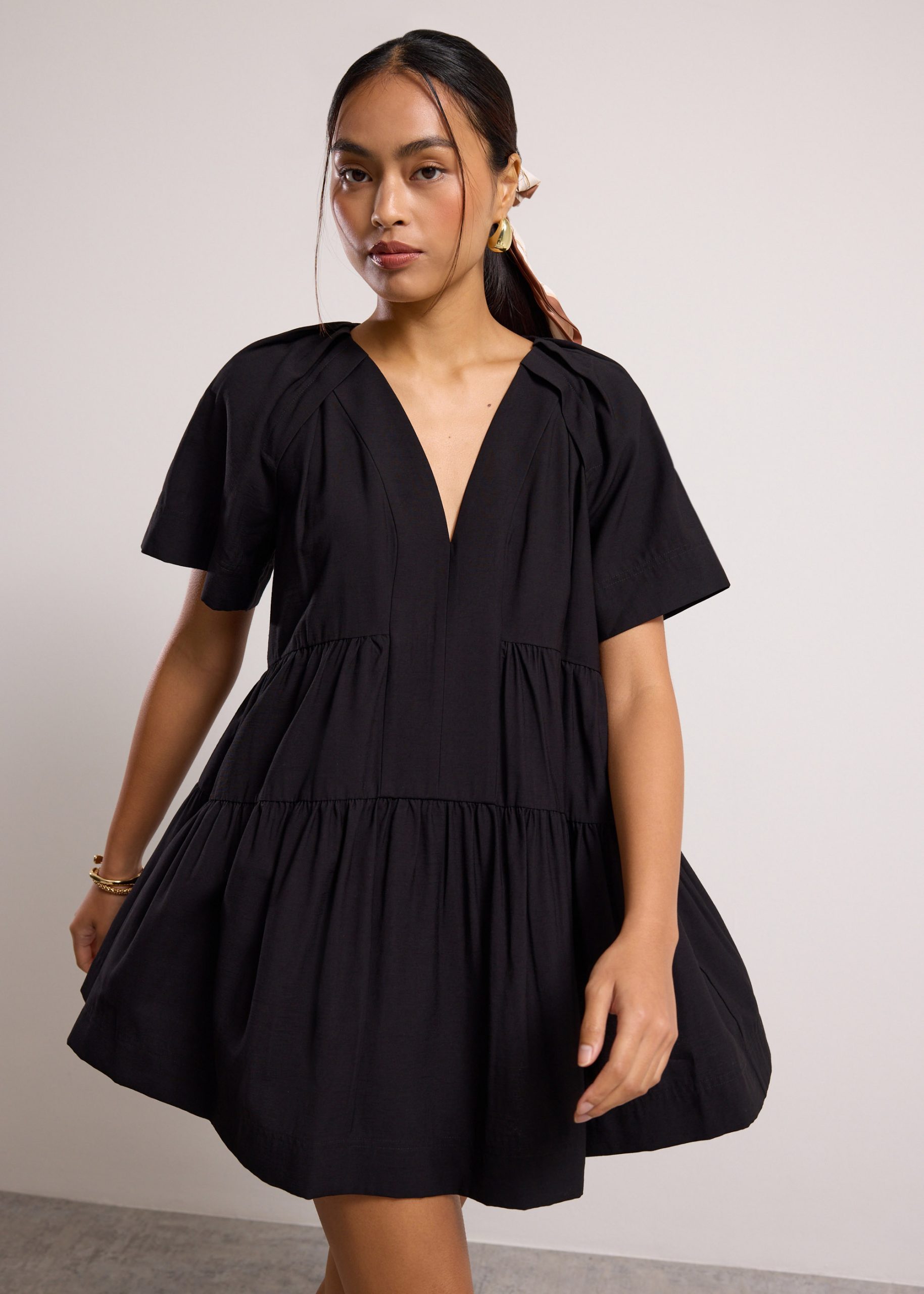 Rayon V-neck Trapeze Mini Dress