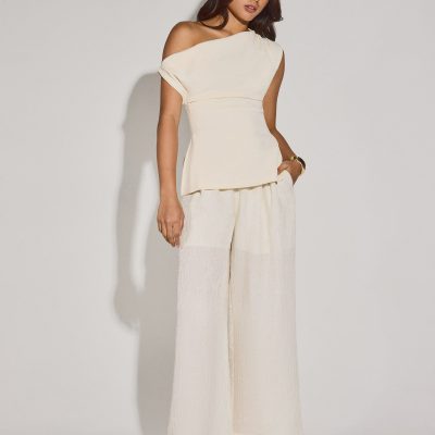 Elastic Textured Lyocell Mid Waist Straight Leg Pants