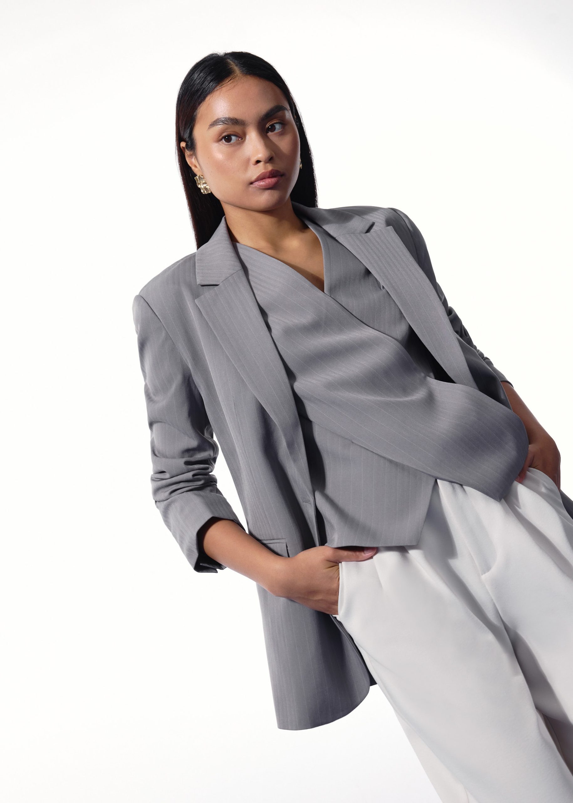 Mae Tailored Pinstripe Cross Over Top - Image 11