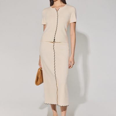 Knit Scallop Edge Column Midi Skirt