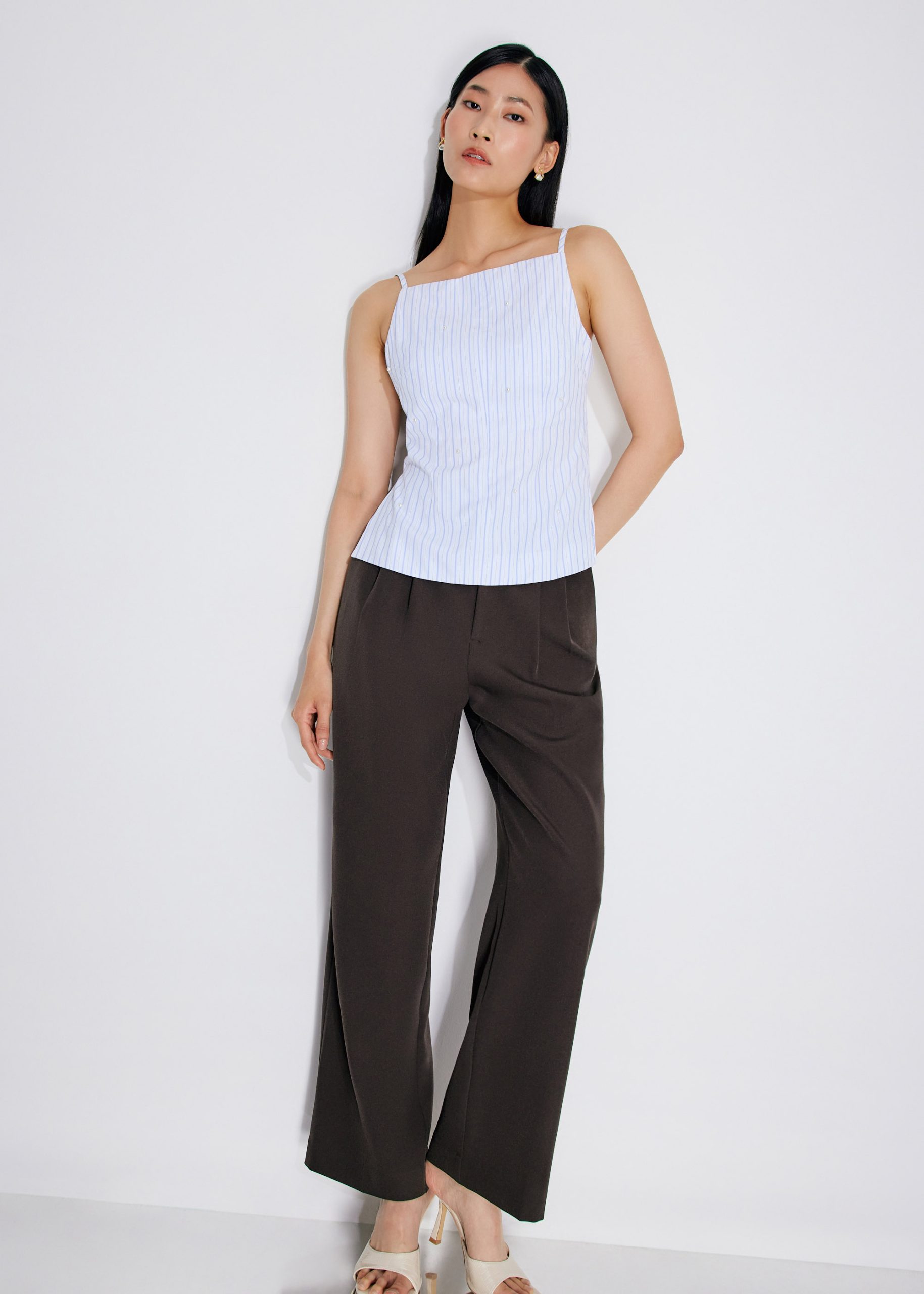 BraFree by LB Pearl Embellished Pinstripe Straight Neck Fitted Top - Image 7