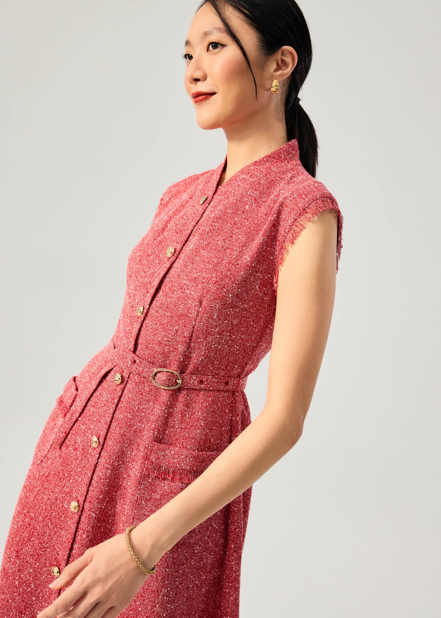 Fei Belted Tweed Mandarin Collar Fit & Flare Midaxi Dress - Image 4
