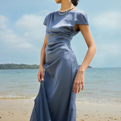 Satin Drape Boat Neck Dress