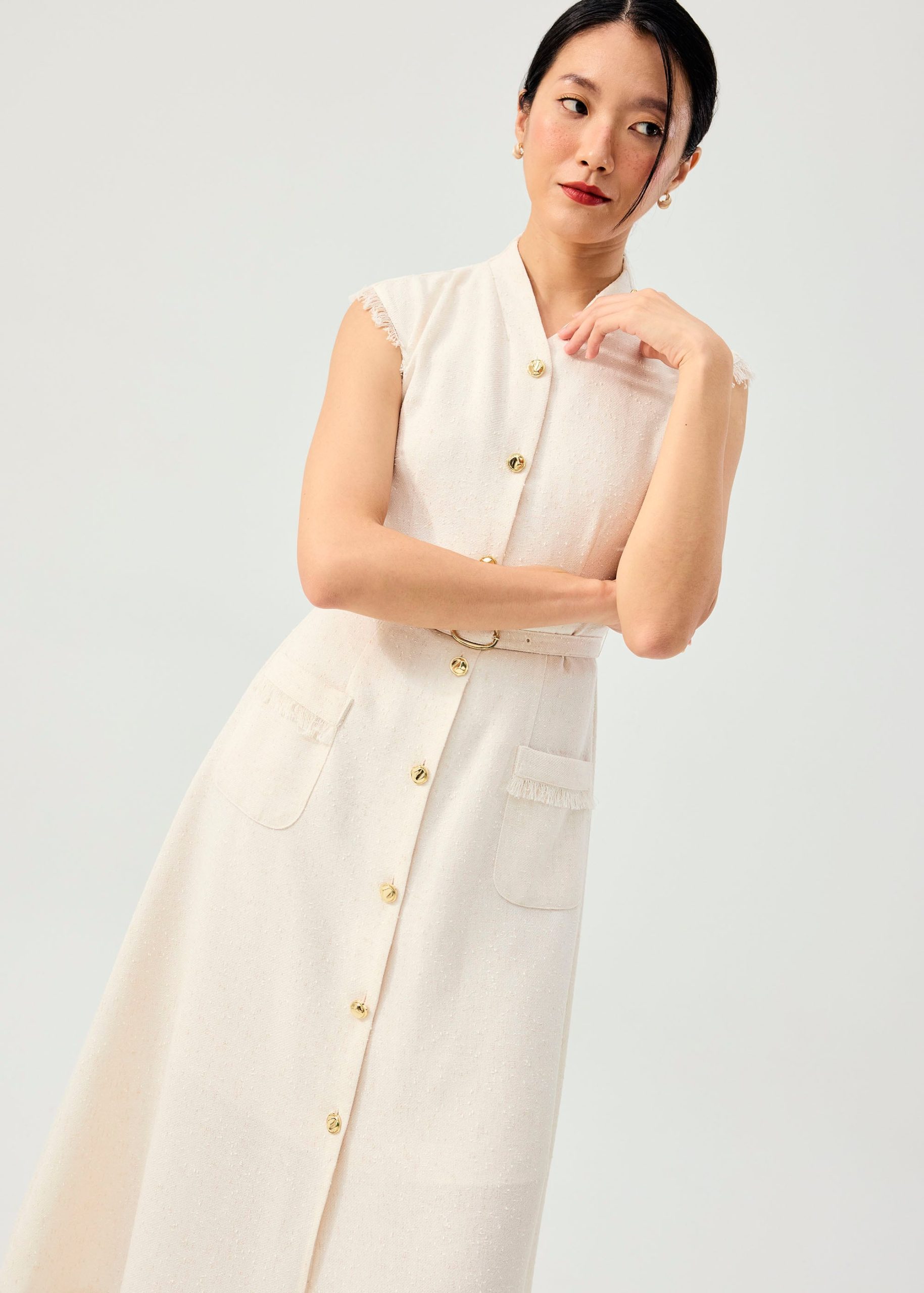 Fei Belted Tweed Mandarin Collar Fit & Flare Midaxi Dress - Image 8
