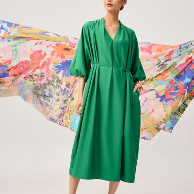 Detachable Sash Tie Puff Sleeve Cocoon Midaxi Dress
