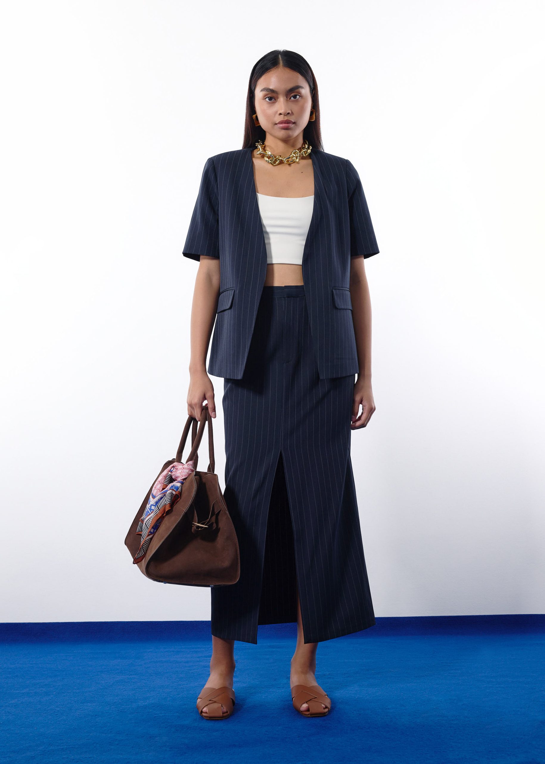Dylan Pinstripe Collarless Boxy Blazer - Image 11