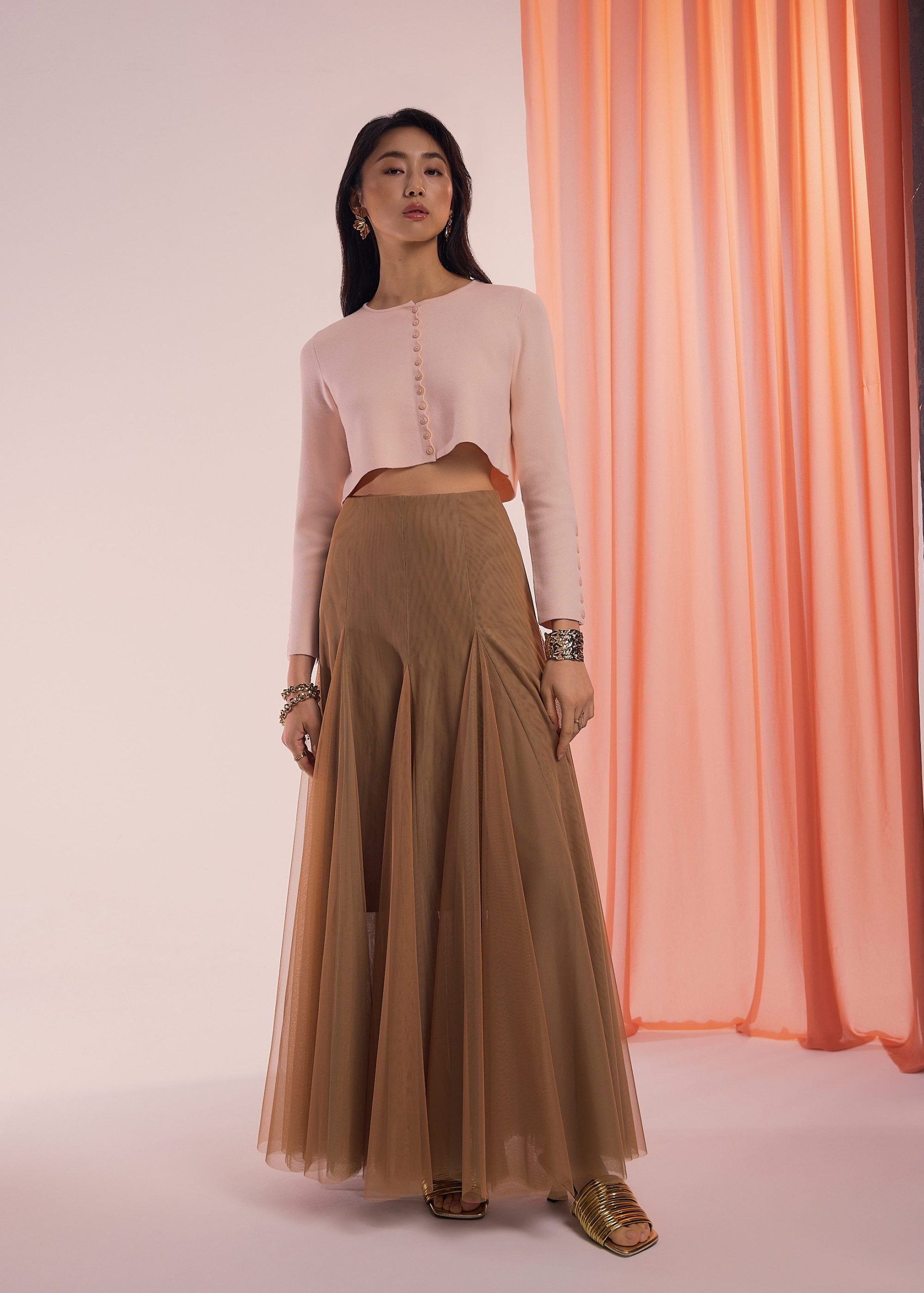 Elastic Mesh Flare Maxi Skirt - Image 3