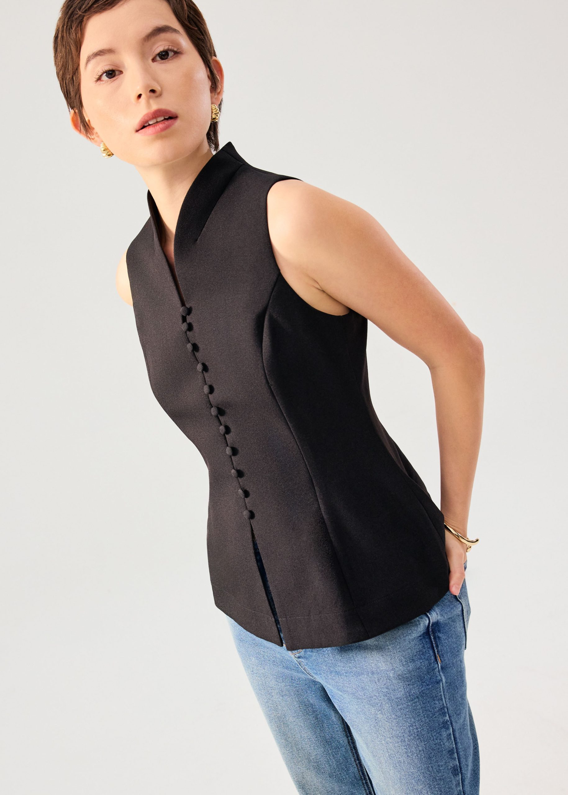 Zhen Mandarin Collar Peplum Vest Top - Image 4