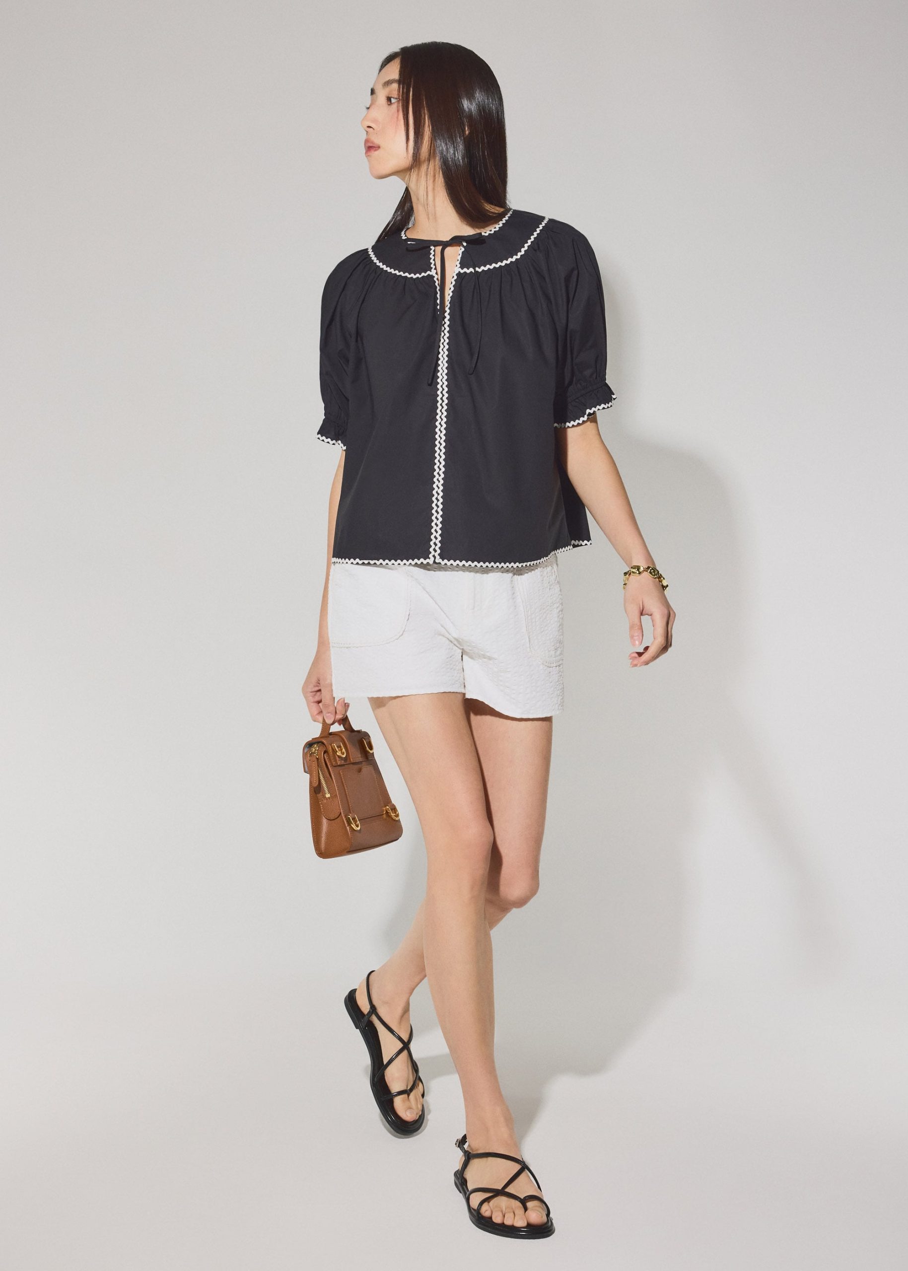 Relaxed Cotton Scallop Trim Puff Sleeve Blouse - Image 5
